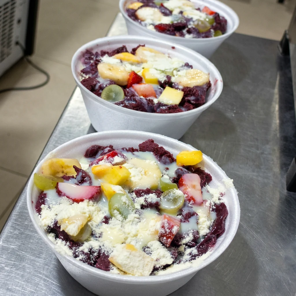 Três tigelas reais de açaí com frutas, leite condensado e leite ninho