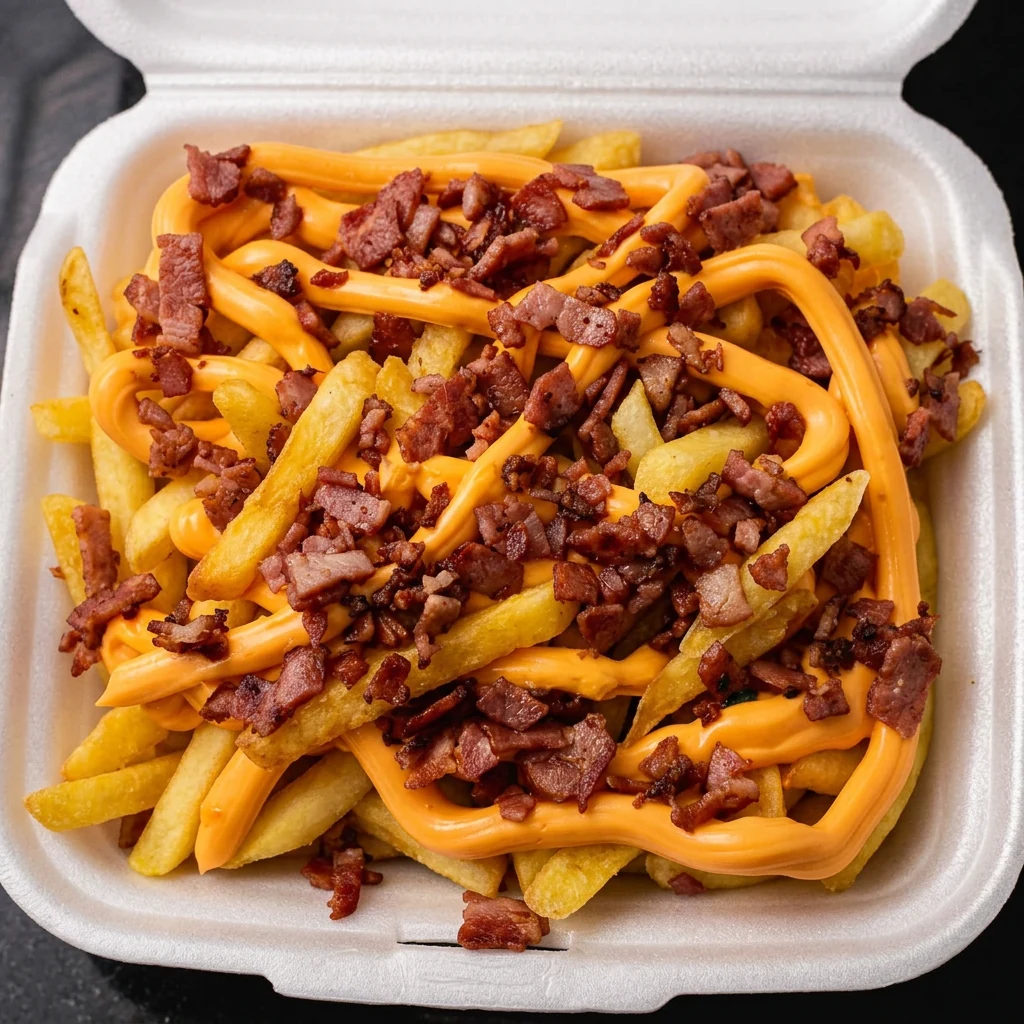 Porção real de batata frita coberta com cheddar e bacon
