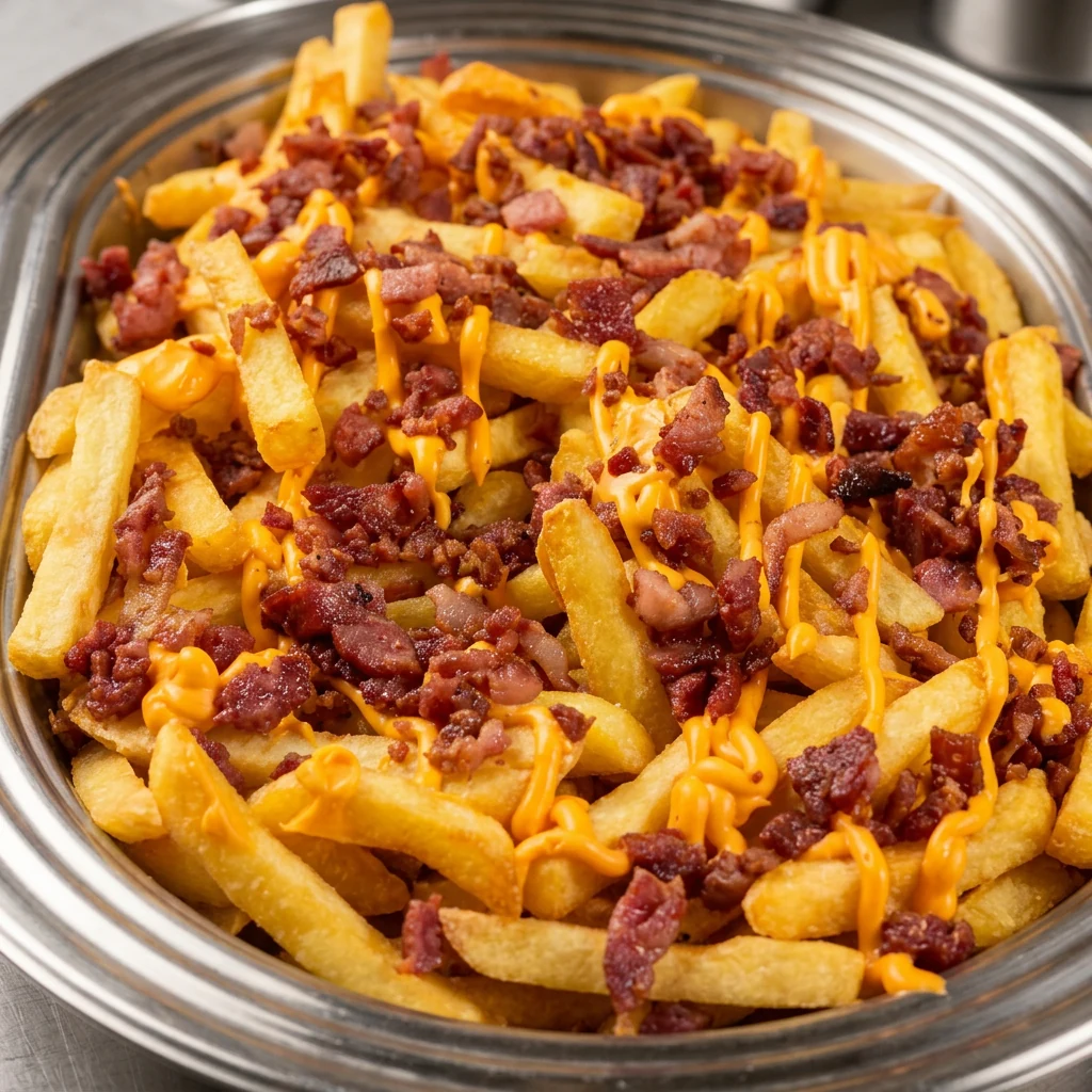 Travessa real e generosa de fritas com cheddar e bacon